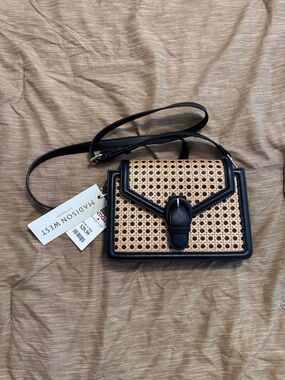 Madison West Black and Natural Woven Crossbody Satchel